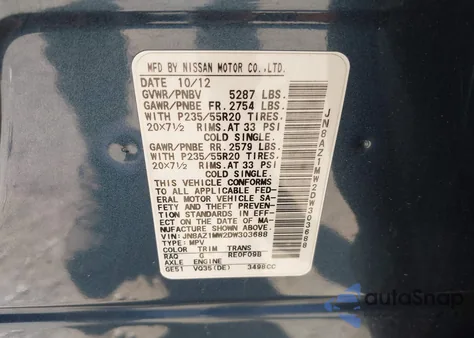 2013 Nissan Murano Le z USA, uszkodzony, nr VIN JN8AZ1MW2DW303688